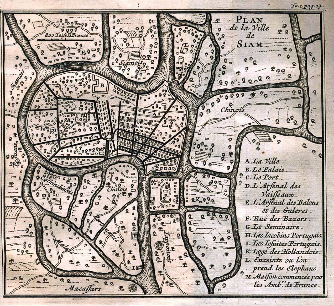 แผนที่กรุงศรีอยุธยา จากหนังสือของลาลูแบร์ (พิมพ์ ค.ศ. 1691) — B คือพระราชวังหลวงที่พระองค์ประทับ · ว
