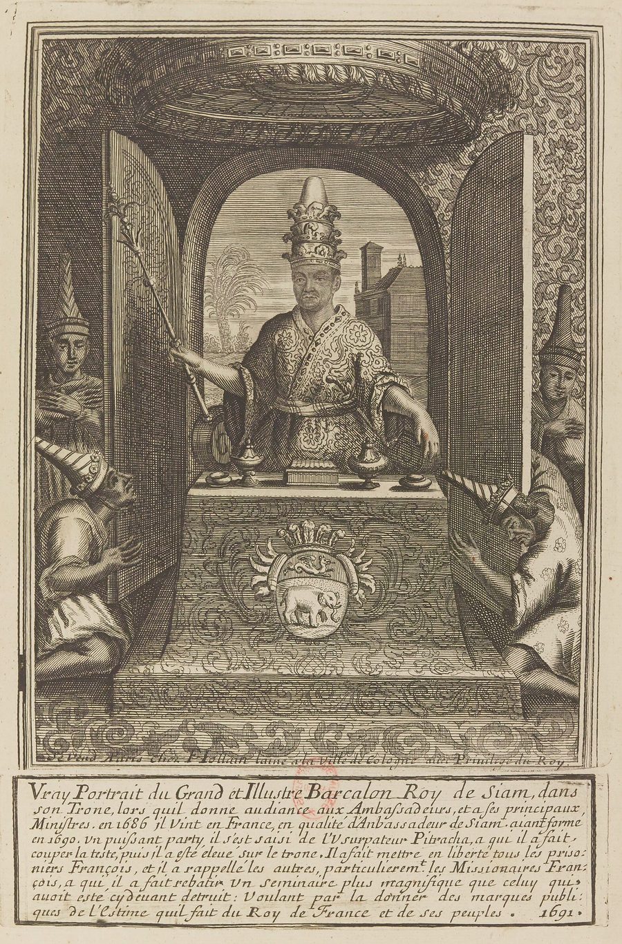 สมเด็จพระนารายณ์บนพระราชบัลลังก์ ภาพพิมพ์ราว ค.ศ. 1686 — พระราชบิดาผู้ทรงมอบให้พระราชธิดาว่าราชการฝ่